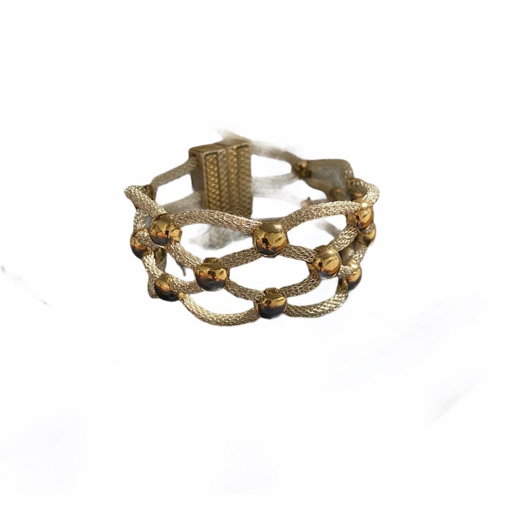 Woven Mesh Silver Tone Bracelet Gold Accents